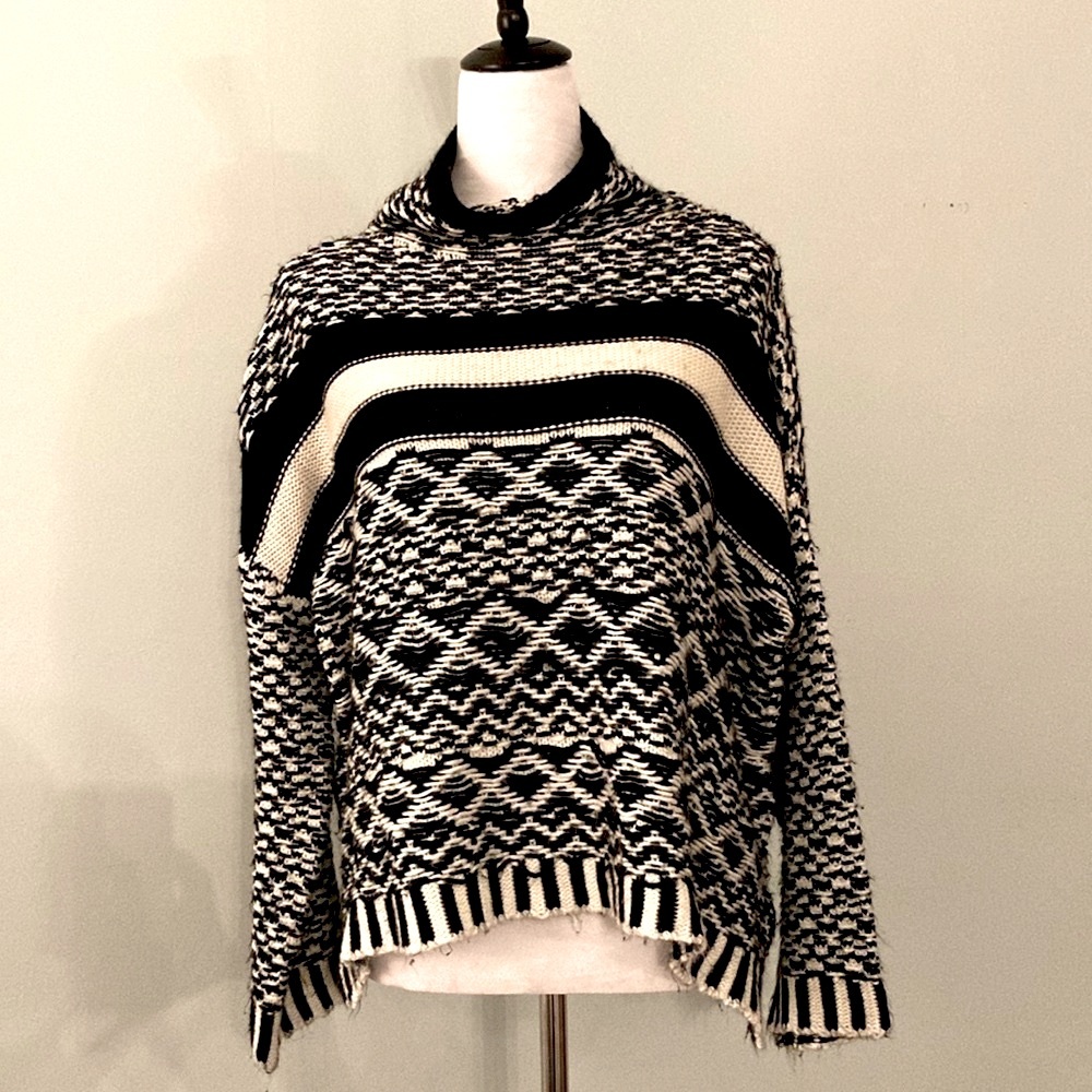 JOHN + JENN Black and White Mock Neck Boxy Sweater